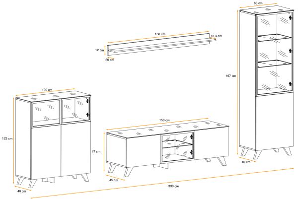 Wohnwand Heritage in Wotan Eiche und schwarz Schrankwand inklusive Kamin und LED Beleuchtung, 330 cm
