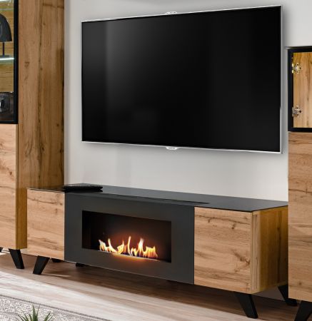 TV-Lowboard Heritage in Wotan Eiche und schwarz TV-M�bel mit Ethanol Kamin, 150 x 47 cm
