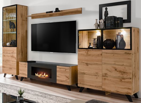 TV-Lowboard Heritage in Wotan Eiche und schwarz TV-M�bel mit Ethanol Kamin, 150 x 47 cm