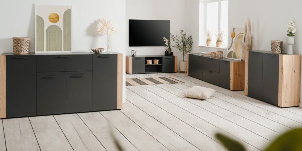 Sideboard Kampen in Grau Anthrazit mit Artisan Eiche, 3-t�rig 126 x 85 cm