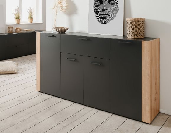 Sideboard Kampen in dunklem Grau / Anthrazit mit Artisan Eiche, 4-t�rig 162 x 85 cm
