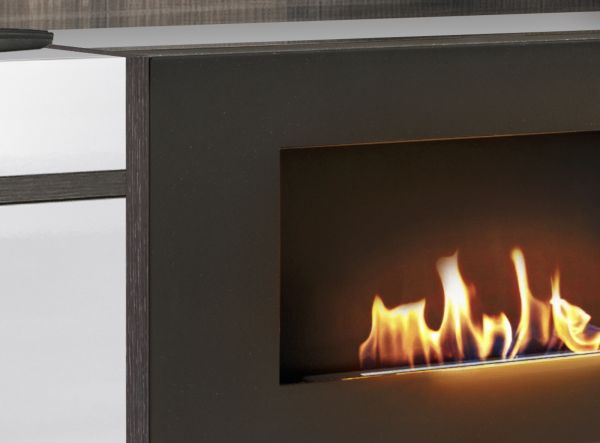 TV-Lowboard Lovely in wei� Hochglanz und Ulme TV Unterteil mit Ethanol Kamin 150 cm