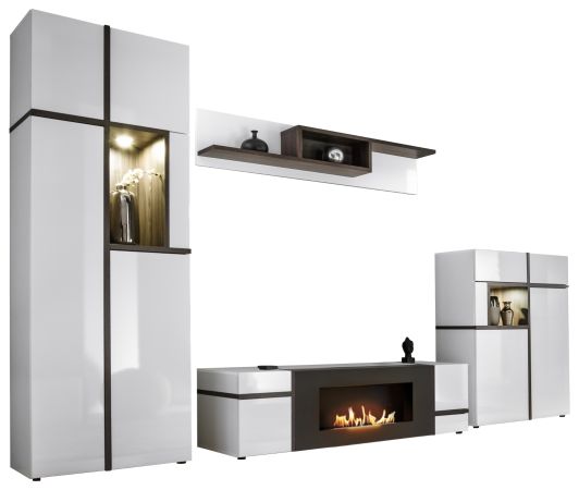 TV-Lowboard Lovely in wei� Hochglanz und Ulme TV Unterteil mit Ethanol Kamin 150 cm