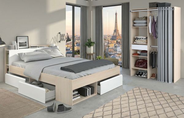 Parisot Kinder und Jugend Schlafzimmer Set Most Akazie und wei� mit Stauraumbett (140 x 200) und Kleiderschrank
