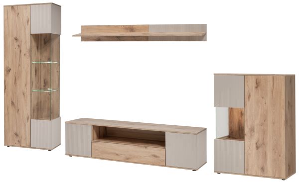 Wohnwand Cathlyn Eiche und Kaschmir, Schrankwand 4-teilig inkl. Beleuchtung 350 x 197 cm