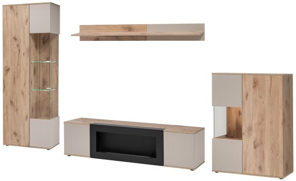 Wohnwand Cathlyn Eiche und Kaschmir, Schrankwand mit Ethanol Kamin, inkl. LED, 350 x 197 cm