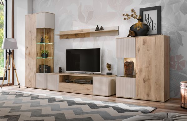Vitrine Cathlyn in Eiche und Kaschmir, Vitrinenschrank 70 x 197 cm inklusive LED