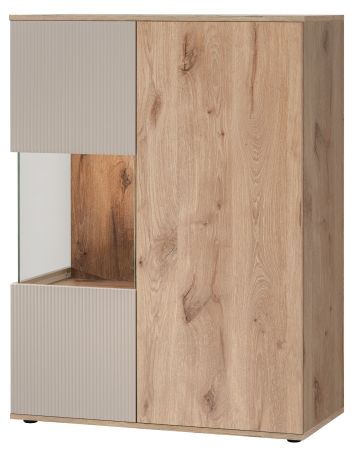 Highboard Cathlyn in Eiche und Kaschmir, Vitrine 90 x 120 cm inklusive LED