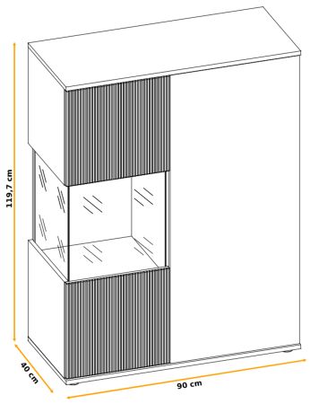 Highboard Cathlyn in Eiche und Kaschmir, Vitrine 90 x 120 cm inklusive LED