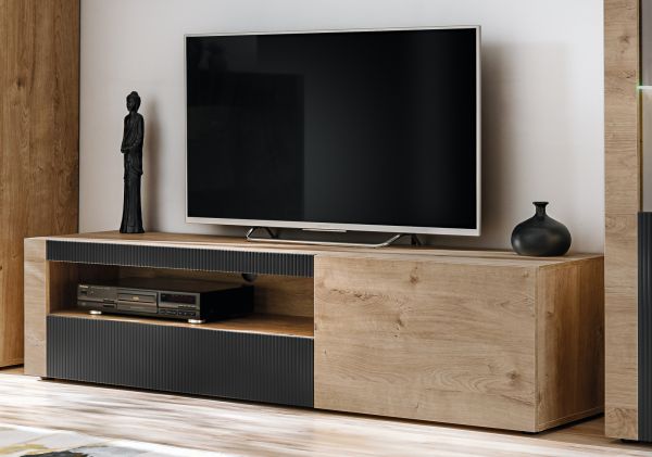 TV-Lowboard Heron Eiche und Schwarz 160 cm, TV Unterschrank mit Fr�sungen und Soft-Close