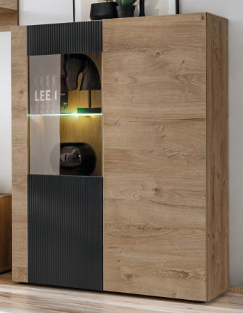 Highboard Heron in Eiche und Schwarz, Vitrine mit LED Beleuchtung, 90 x 132 cm