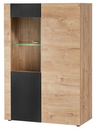 Highboard Heron in Eiche und Schwarz, Vitrine mit LED Beleuchtung, 90 x 132 cm