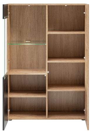 Highboard Heron in Eiche und Schwarz, Vitrine mit LED Beleuchtung, 90 x 132 cm