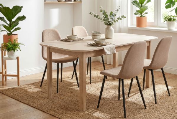 Esstisch Gilian in Samt und Riva Eiche Tisch ausziehbar 160 / 200 x 90 cm