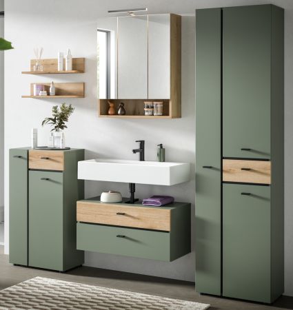 Badm�bel Set Matteo in Gr�n mit Evoke Eiche, Badkombination 6-teilig 207 x 191 cm