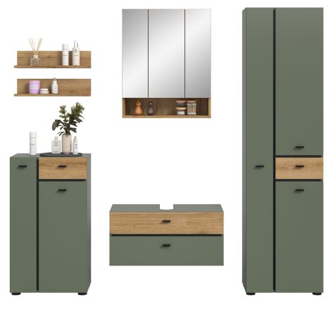 Badm�bel Set Matteo in Gr�n mit Evoke Eiche, Badkombination 6-teilig 207 x 191 cm