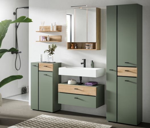 Badm�bel Set Matteo in Gr�n mit Evoke Eiche, Badkombination 6-teilig 207 x 191 cm