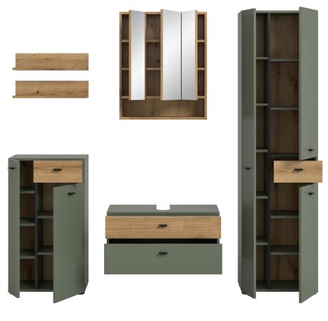 Badm�bel Set Matteo in Gr�n mit Evoke Eiche, Badkombination 6-teilig 207 x 191 cm