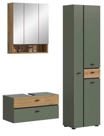 Badm�bel Set Matteo in Gr�n mit Evoke Eiche, Badkombination 3-teilig 141 x 191 cm