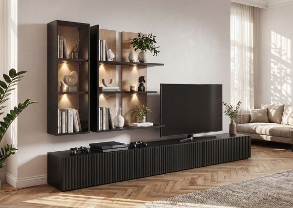 Wohnwand Secret in Schwarz mit Vicking Eiche 300 cm, 6-teilig inkl. LED und Push-to-Open-Funktion