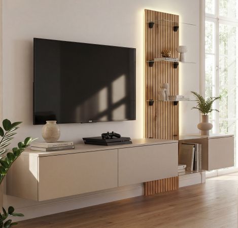 Wohnwand Clay in Grau Lehm und Evoke Eiche Schrankwand h�ngend mit LED 220 cm, Push-to-Open