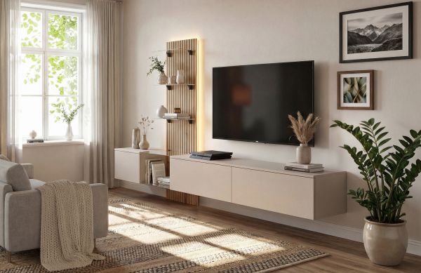Wohnwand Clay in Grau Lehm und Evoke Eiche Schrankwand h�ngend mit LED 220 cm, Push-to-Open