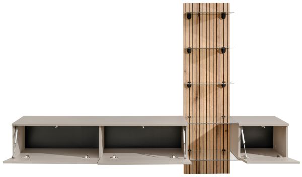 Wohnwand Clay in Grau Lehm und Evoke Eiche Schrankwand h�ngend mit LED 220 cm, Push-to-Open