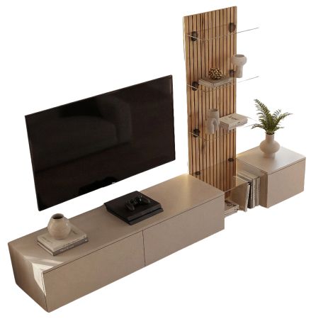 Wohnwand Clay in Grau Lehm und Evoke Eiche Schrankwand h�ngend mit LED 220 cm, Push-to-Open