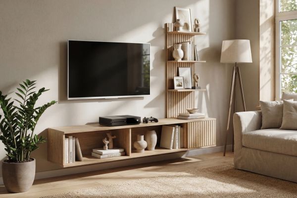 TV-Lowboard Set Sense in Cremona Eiche Leistenoptik 180 cm inkl. Paneel mit Regal