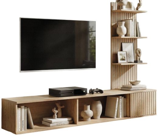 TV-Lowboard Set Sense in Cremona Eiche Leistenoptik 180 cm inkl. Paneel mit Regal