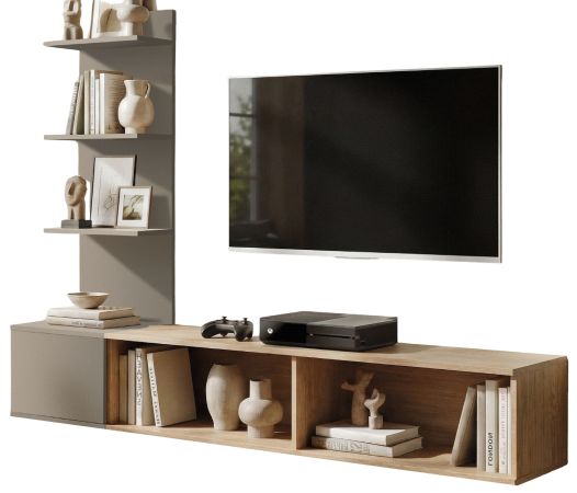TV-Lowboard Set Sense in Eiche mit Lehm-Grau 180 cm, inkl. Wandpaneel und Regal
