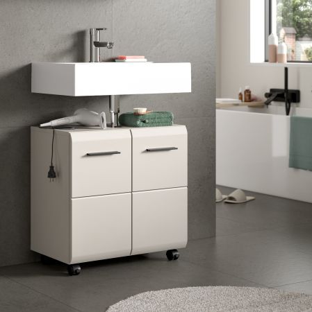 Waschbeckenunterschrank Cover in Kaschmir / Sand Badschrank auf Rollen 60 cm