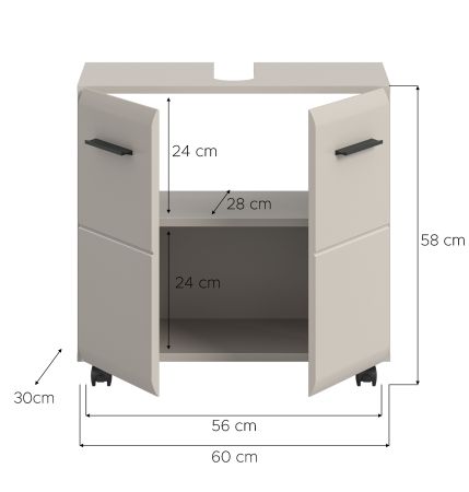 Waschbeckenunterschrank Cover in Kaschmir / Sand Badschrank auf Rollen 60 cm