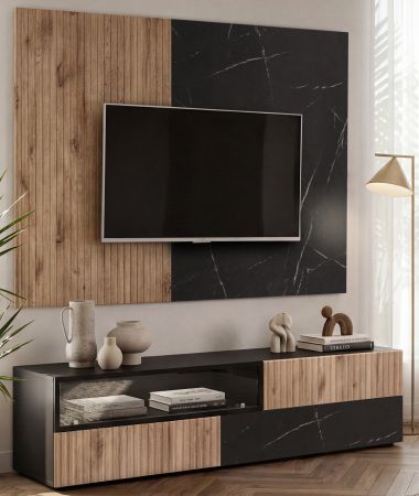 TV-Lowboard Set Starlet in Eiche und Marmor schwarz 160 cm, Set inkl. Wandpaneel, Push-To-Open