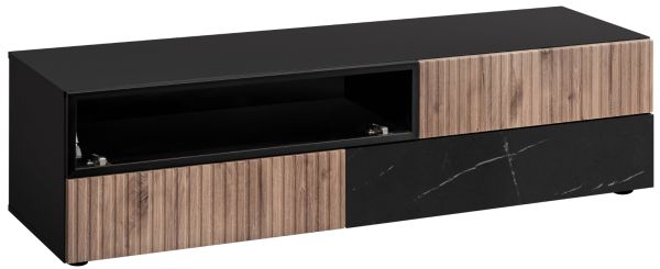 TV-Lowboard Set Starlet in Eiche und Marmor schwarz 160 cm, Set inkl. Wandpaneel, Push-To-Open
