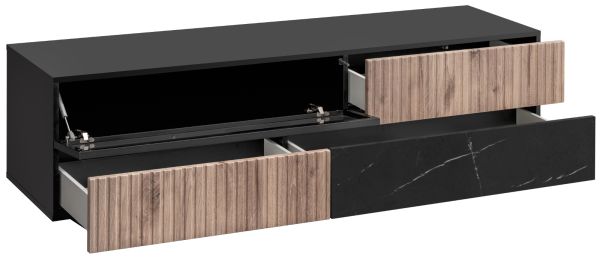 TV-Lowboard Set Starlet in Eiche und Marmor schwarz 160 cm, Set inkl. Wandpaneel, Push-To-Open