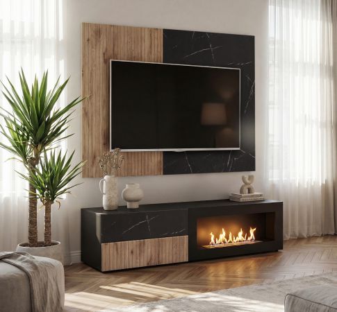 TV-Lowboard Set Starlet in schwarz, Vicking Eiche und Marmor schwarz 160 cm, Flat-TV Unterschrank mit Ethanol Kamin