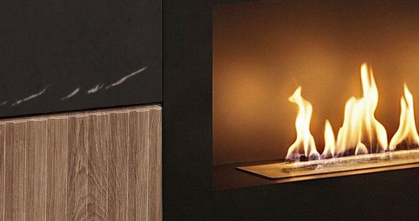 Wohnwand Starlet in schwarz, Vicking Eiche und Marmor schwarz Schrankwand 300 cm inkl. Ethanol Kamin, LED