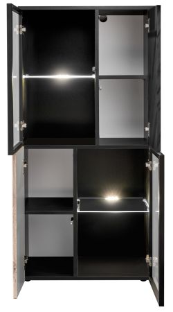Wohnwand Starlet in schwarz, Vicking Eiche und Marmor schwarz, Schrankwand mit Ethanol Kamin und LED, 300 cm