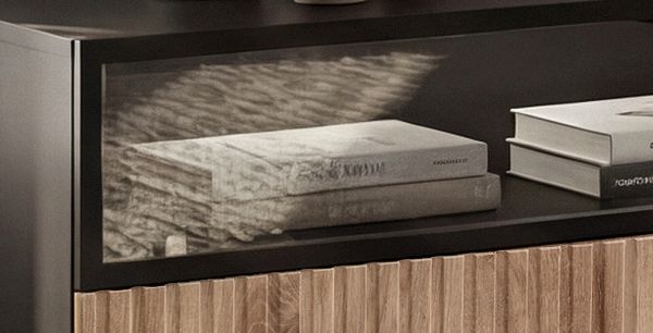 Wohnwand Starlet in schwarz, Vicking Eiche und Marmor schwarz, Schrankwand mit Ethanol Kamin und LED, 300 cm