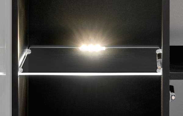 Vitrine Starlet in schwarz, Vicking Eiche und Marmor schwarz Vitrinenschrank inkl. Kamin & LED 60 x 182 cm, Push-To-Open