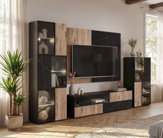 Vitrine Starlet in schwarz, Vicking Eiche und Marmor schwarz Vitrinenschrank inkl. LED 60 x 122 cm, Push-To-Open