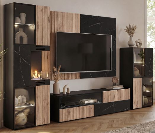 TV-Lowboard Starlet in schwarz, Vicking Eiche und Marmor schwarz TV-M�bel 160 x 42 cm, Push-To-Open