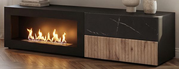 TV-Lowboard Starlet in schwarz, Vicking Eiche und Marmor schwarz TV-M�bel mit Ethanol Kamin, Push-To-Open, 160 x 42 cm