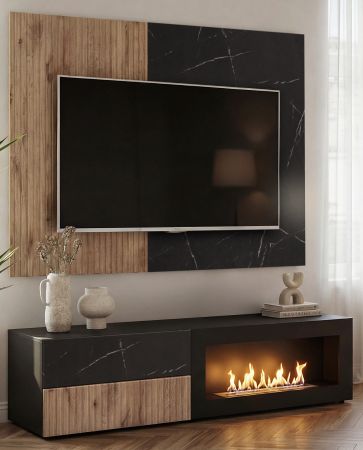 TV-Lowboard Starlet in schwarz, Vicking Eiche und Marmor schwarz TV-M�bel mit Ethanol Kamin, Push-To-Open, 160 x 42 cm