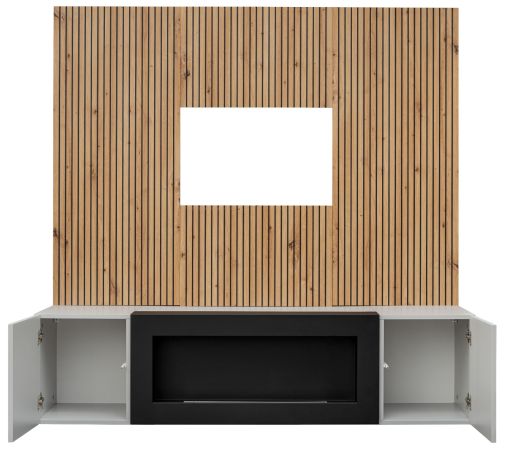 Wohnwand iLike in Lehm-Grau, schwarz und Artisan Eiche, inklusive Ethanol Kamin und Beleuchtung, 200 cm