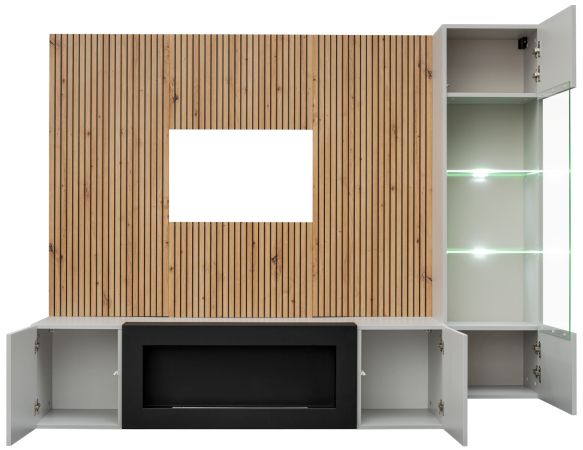 Wohnwand iLike in Lehm-Grau, schwarz und Artisan Eiche, inklusive Ethanol Kamin und Beleuchtung, 200 cm