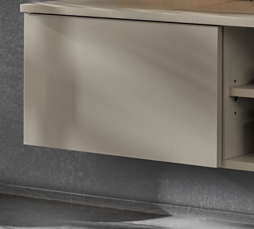 TV-Lowboard Set iLike in Lehm-Grau mit schwarz und Eiche Artisan, Set mit Akustikpaneel und Ethanol Kamin