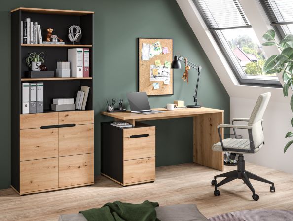 Schreibtisch Cooper in Artisan Eiche und Grau 138 cm, Container mit Soft-Close