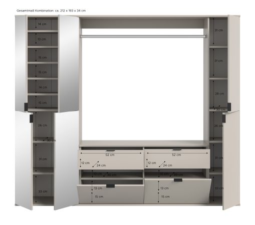 Garderobe Set Line-Up in Kaschmir, Garderobenschrank mit Spiegel 212 x 193 cm